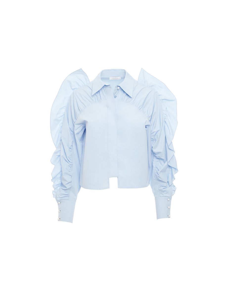 Blue Shirt With Pearl Buttons With Ruffles And Shirred Sleeves