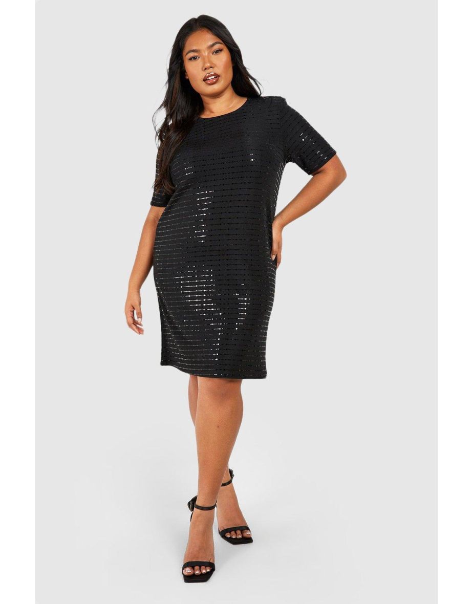 Plus Metallic Shoulder Pad T-shirt Dress - black
