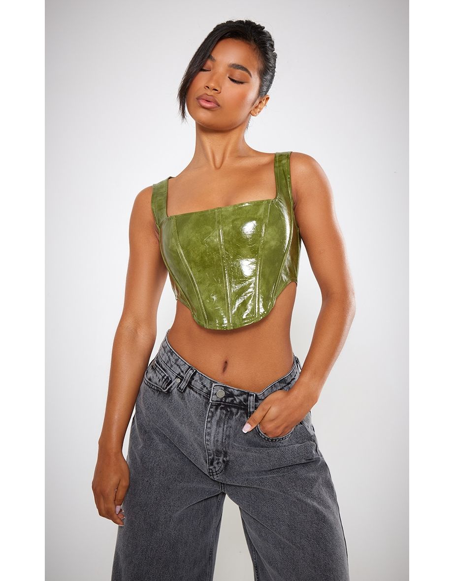 Green Washed Faux Leather Boned Corset