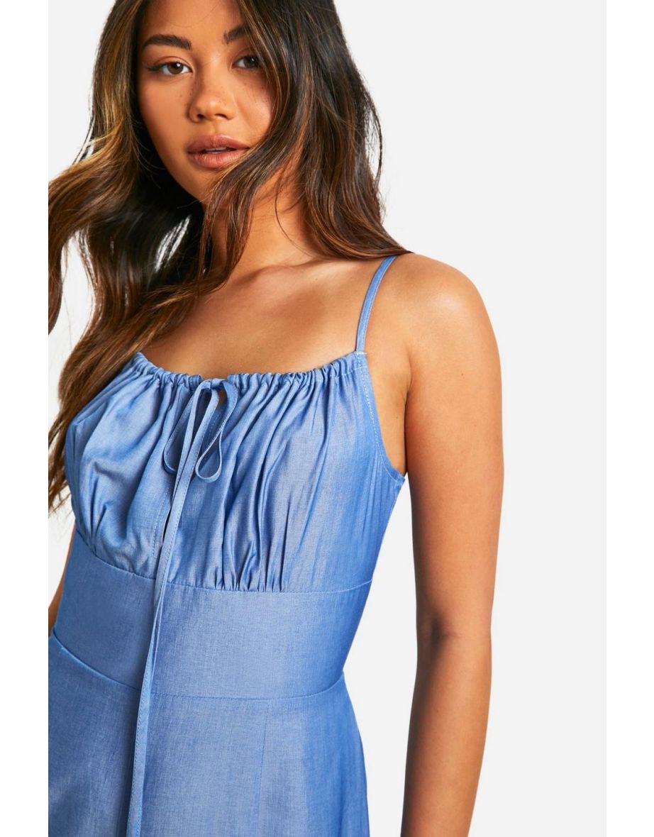 Chambray Keyhole Detail Wide Leg Jumpsuit - mid blue - 3