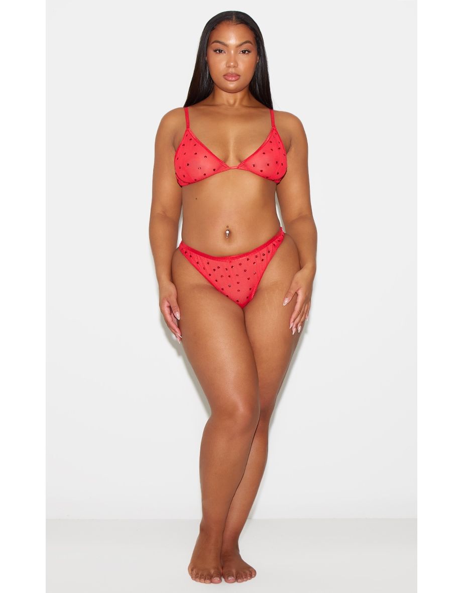 Plus Red Diamante Heart Mesh Triangle Bra