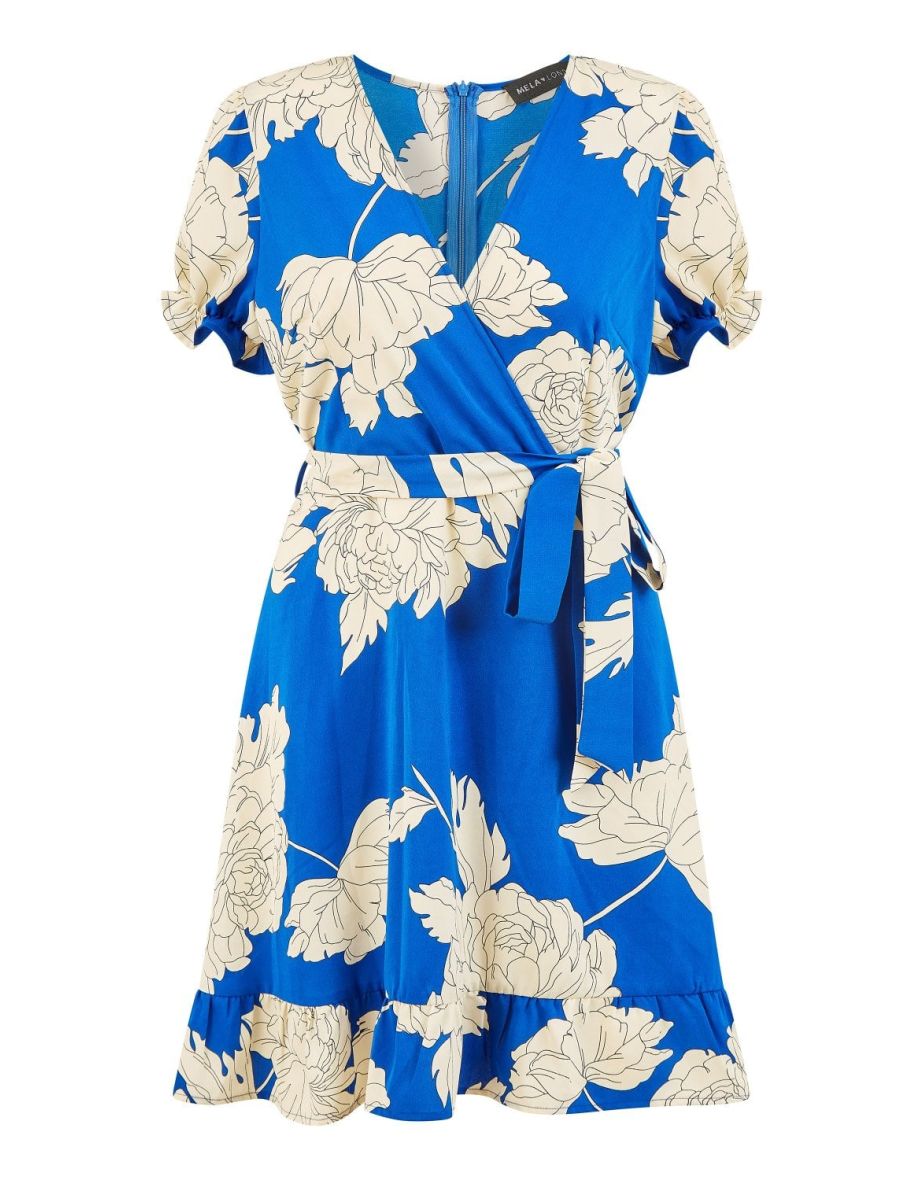 Mela Blue Blossom Print Wrap Dress With Puff Sleeves - 4