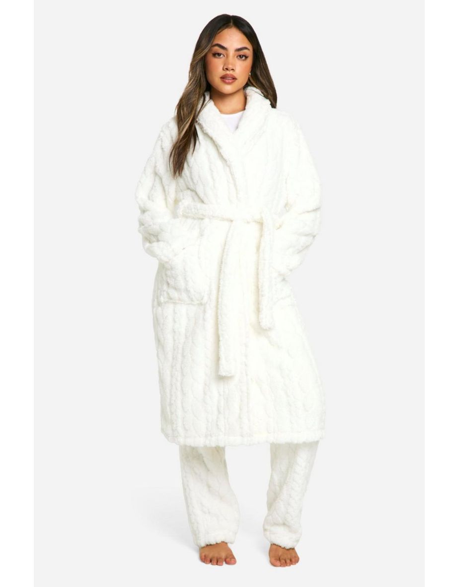 Cable Knit Fleece Dressing Gown - cream