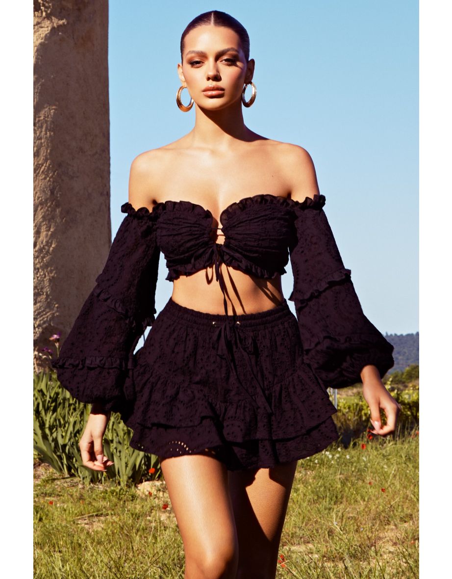 Postcard | Black Lace Bardot Puff-Sleeved Crop Top