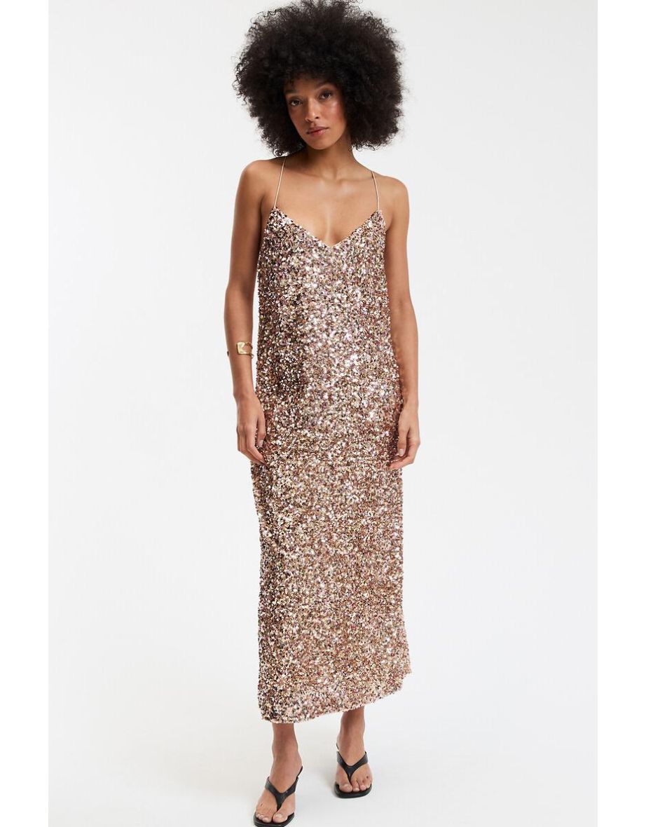 Maxi Dress with Shoestring Straps, in Sequins
