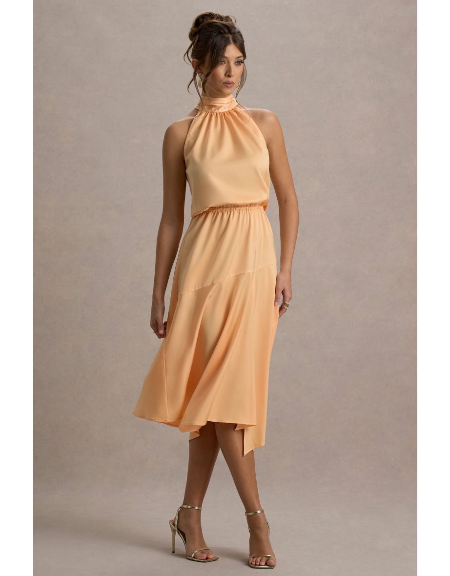 Palonia | Peach Satin High-Neck Split Midi Dress - 7