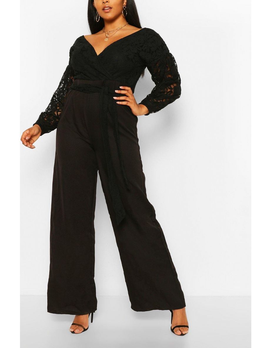 Plus Lace Off The Shoulder Wide Leg Jumpsuit - black
