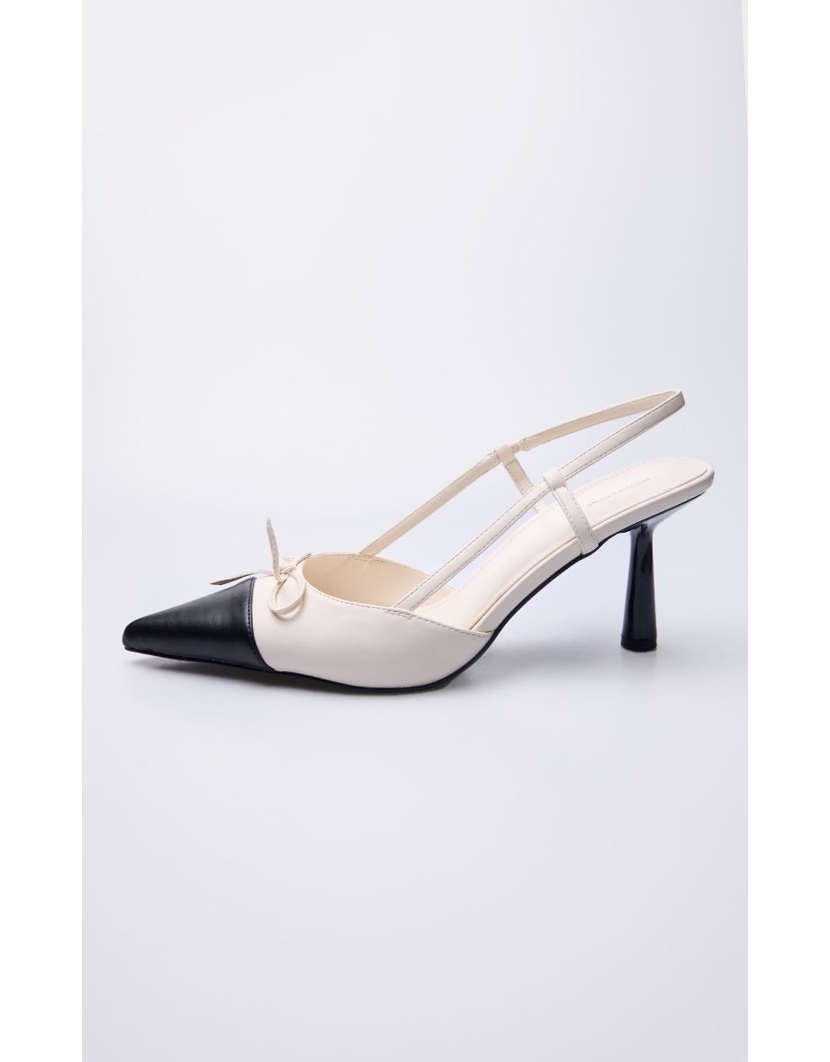 Black and Cream Point Toe Bow Detail High Stiletto Court Heels - 3