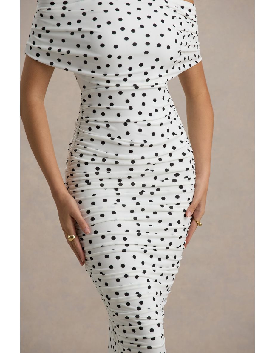 Rayleigh | Polka Dot Bardot Ruched Midi Dress - 5
