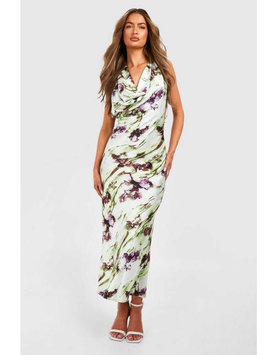 Marble Print Cowl Neck Midaxi Slip Dress - green