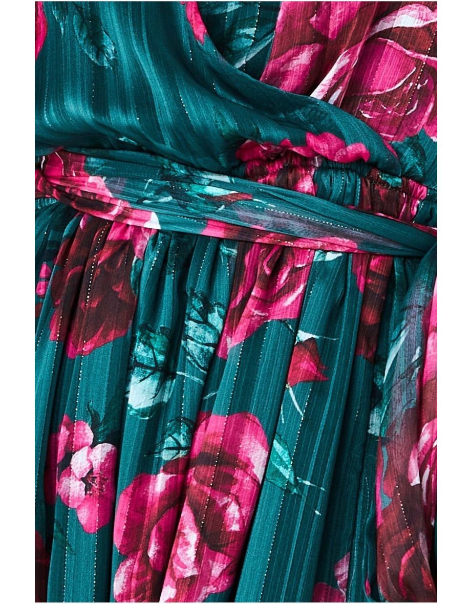 Goddiva Flutter Sleeve Floral Wrap Maxi - Emerald Green - 3