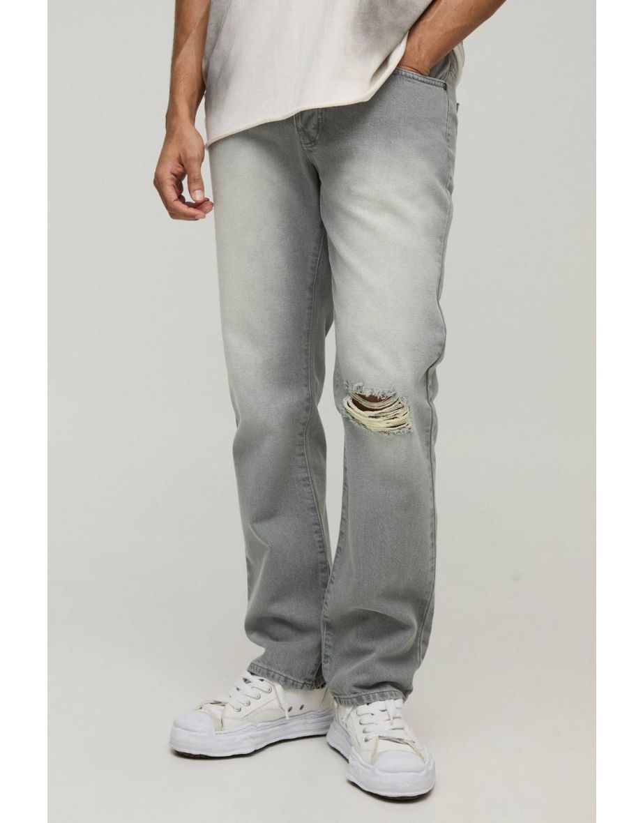 Straight Fit Ripped Knee Vintage Grey Jeans - grey
