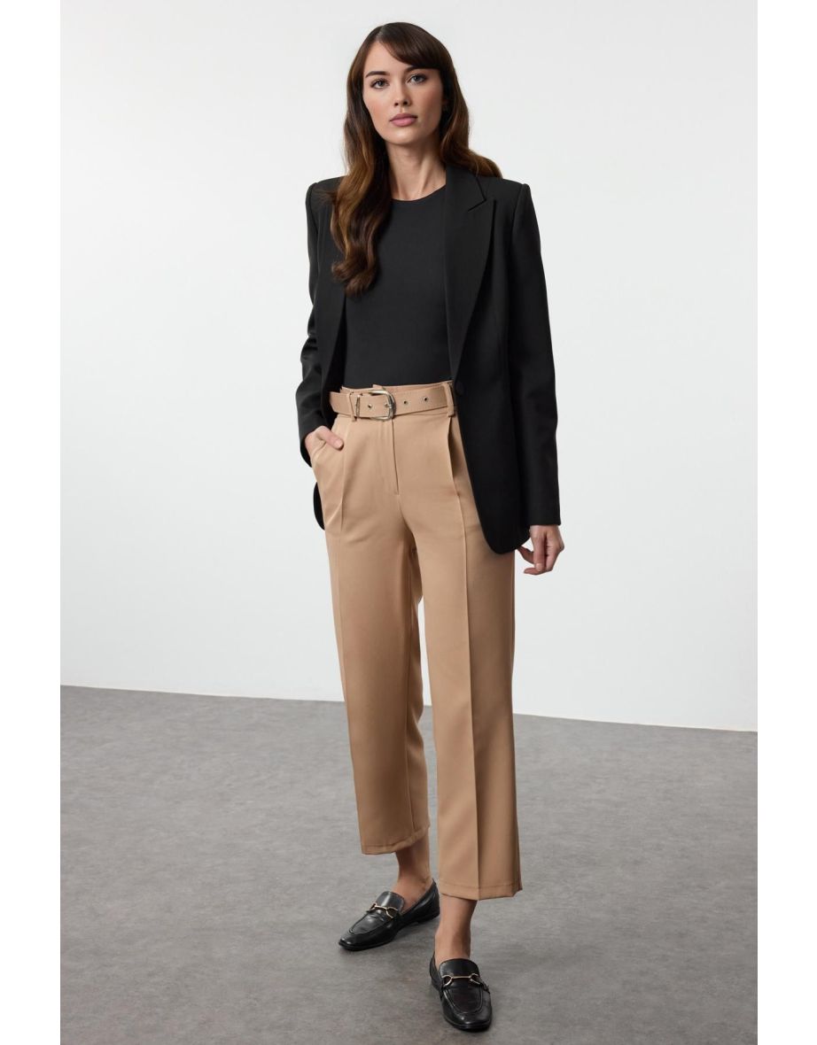 Beige Belted Ankle Length Woven Trousers - 4