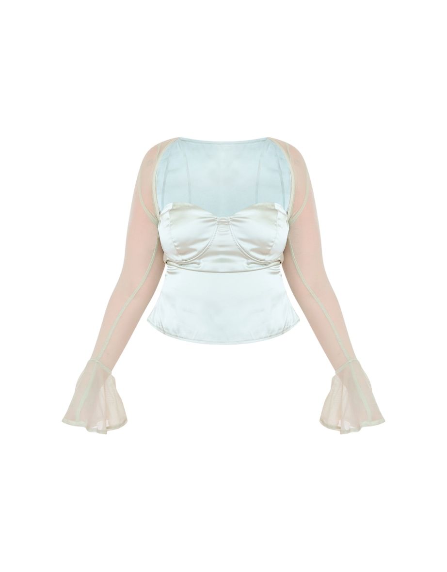 Plus Mint Satin Top With Mesh Bolero - 4