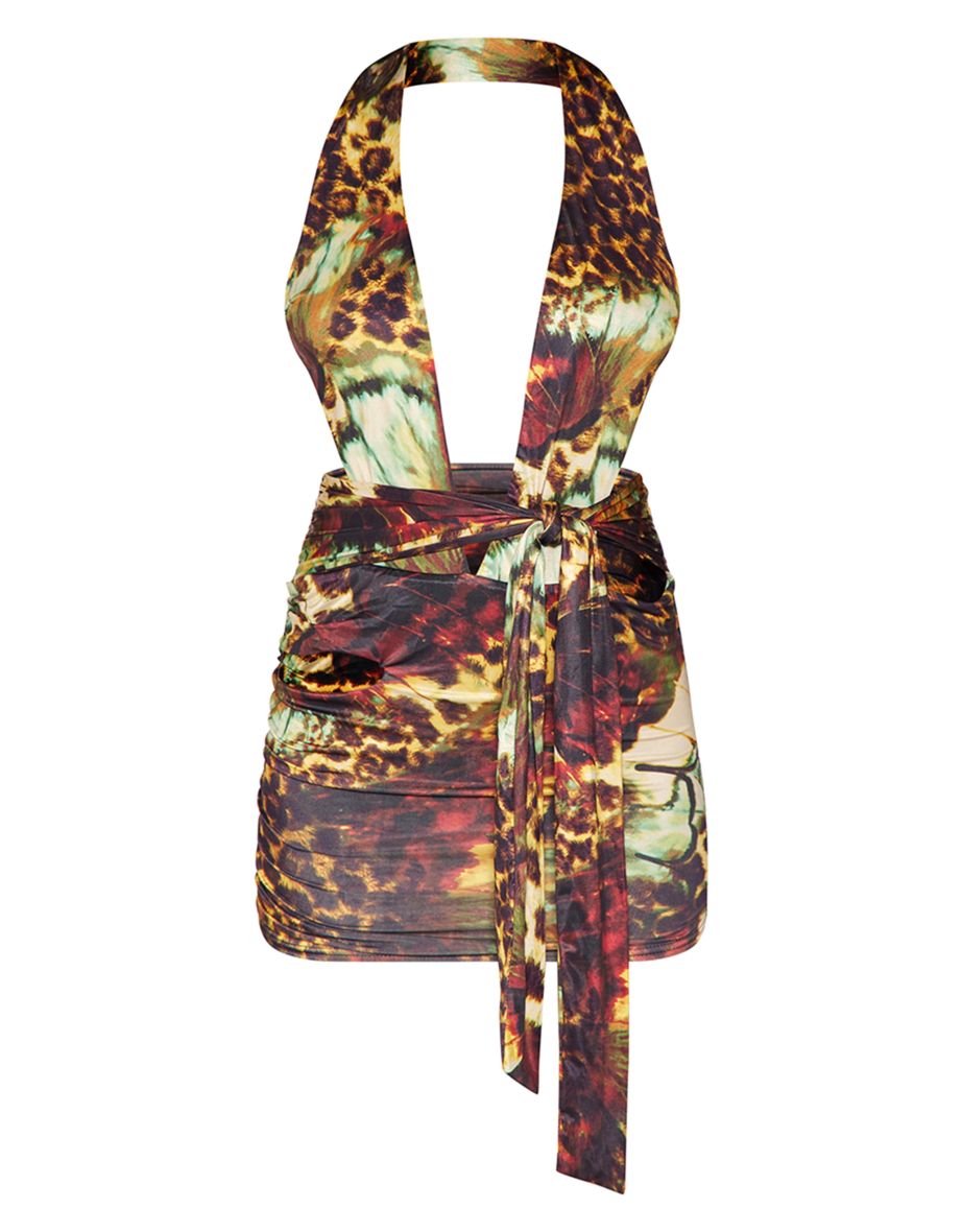 Multi Animal Print Halterneck Cut Out Bodycon Dress - 4