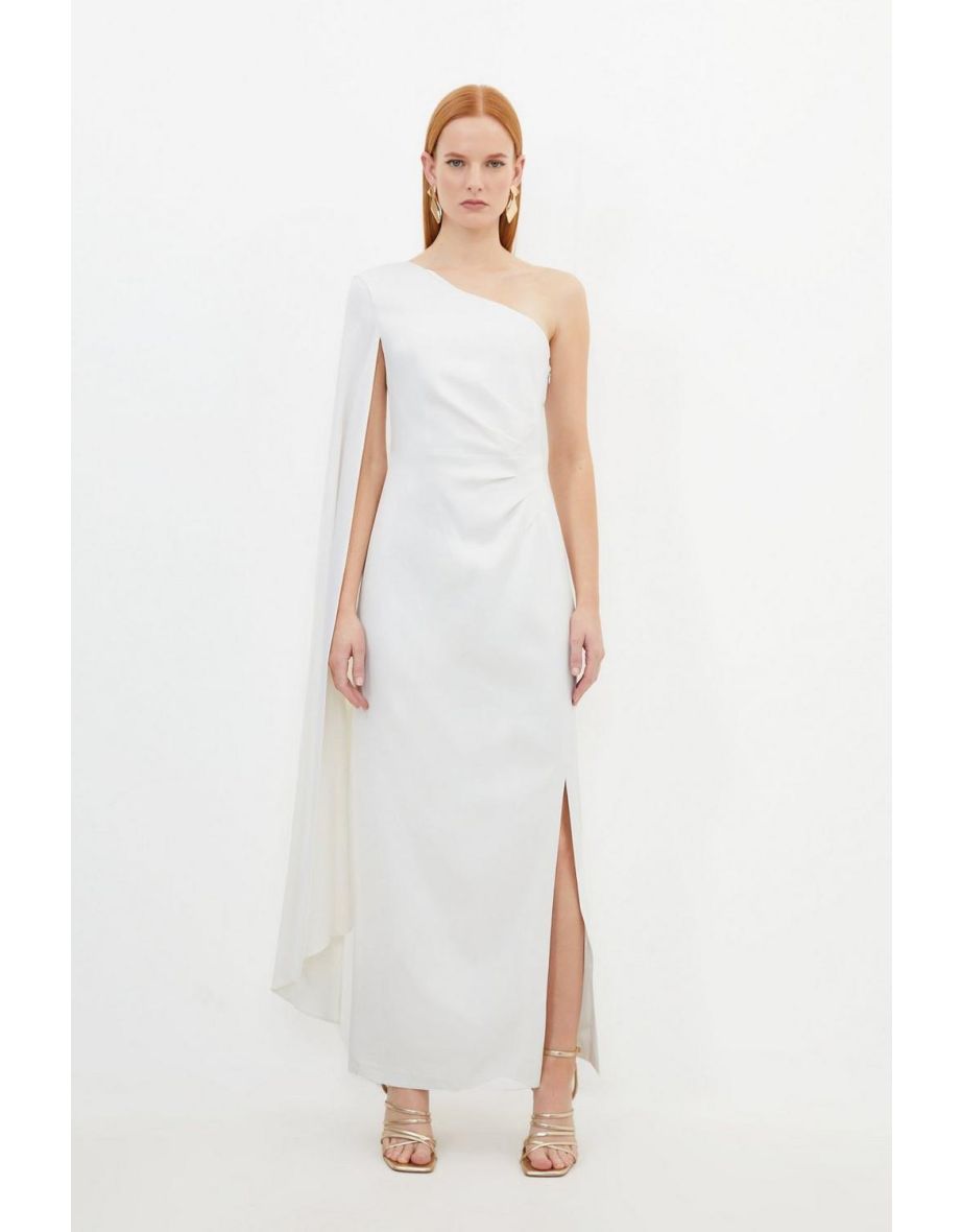 Tailored Satin Back Crepe Drape One Shoulder Maxi Dress