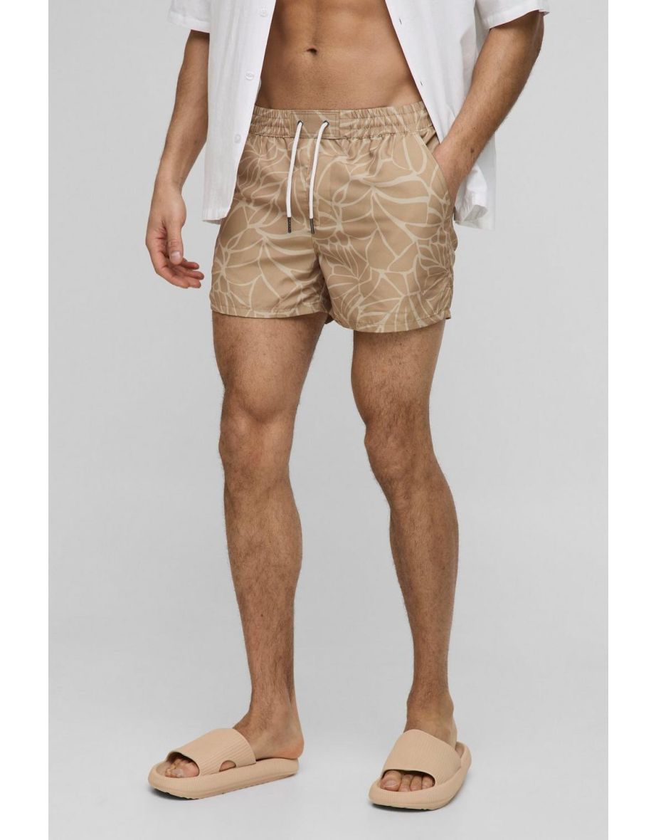 Short Length Leaf Print Swim Shorts - brown