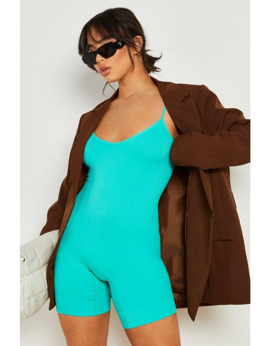 Seamless Rib Strappy Short Unitard - apple green