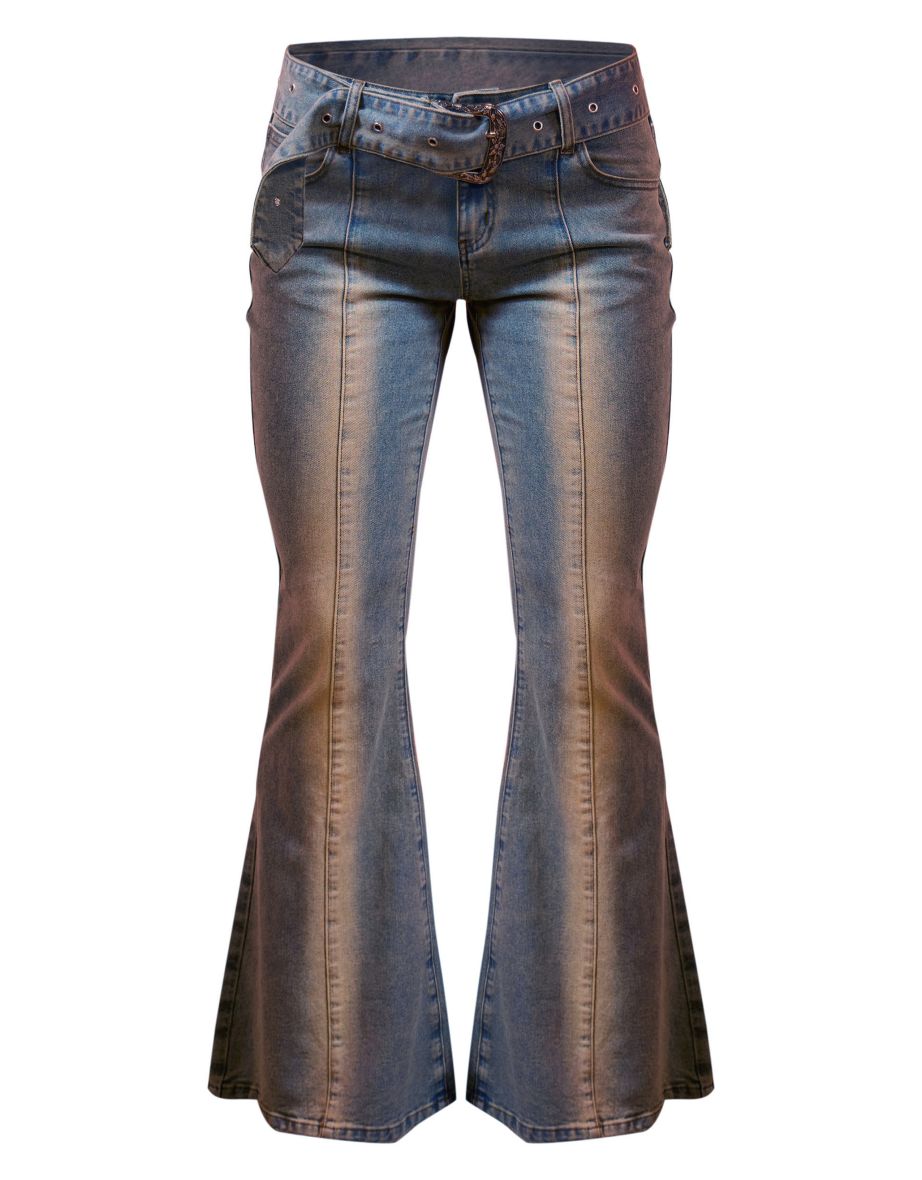 Vintage Blue Wash Buckle Detail Western Style Flared Jeans - 4