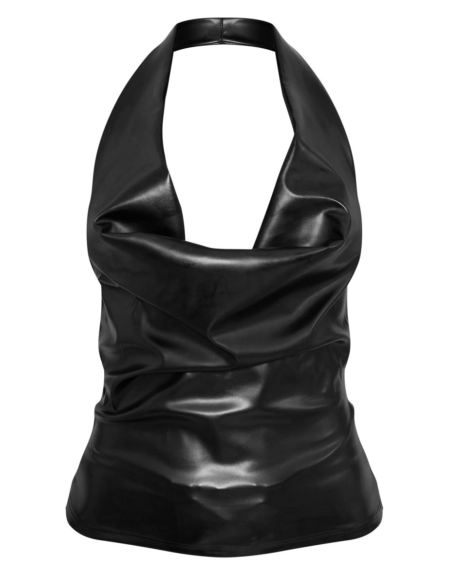 Black Faux Leather Cowl Peplum Long Top - 4
