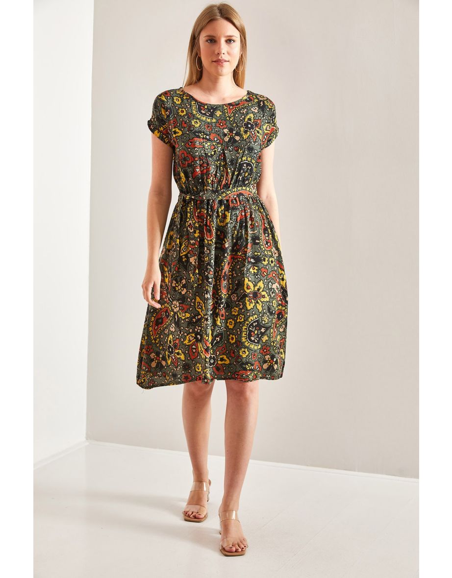 Short Sleeve Ethnic Pattern Elastic Waist Midi Length Dress