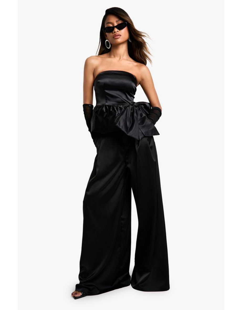 Satin Bandeau Bow Detail Puffball Top - black