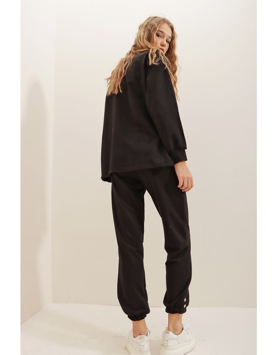 Women's Black Crew Neck Tracksuit Set with Button Detailed on the Side - 4
