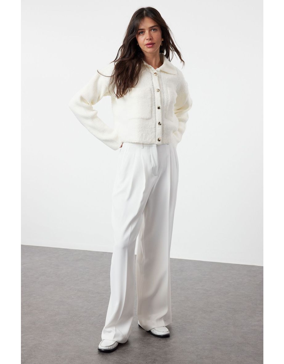 Bone Boucle Polo Neck Knitwear Cardigan