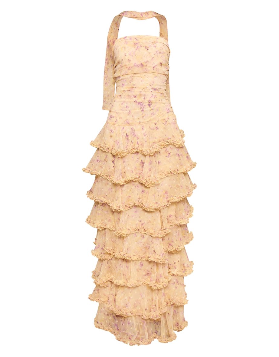 Pastel Yellow Chiffon Ditsy Floral Print Tiered Frill Maxi Dress - 4