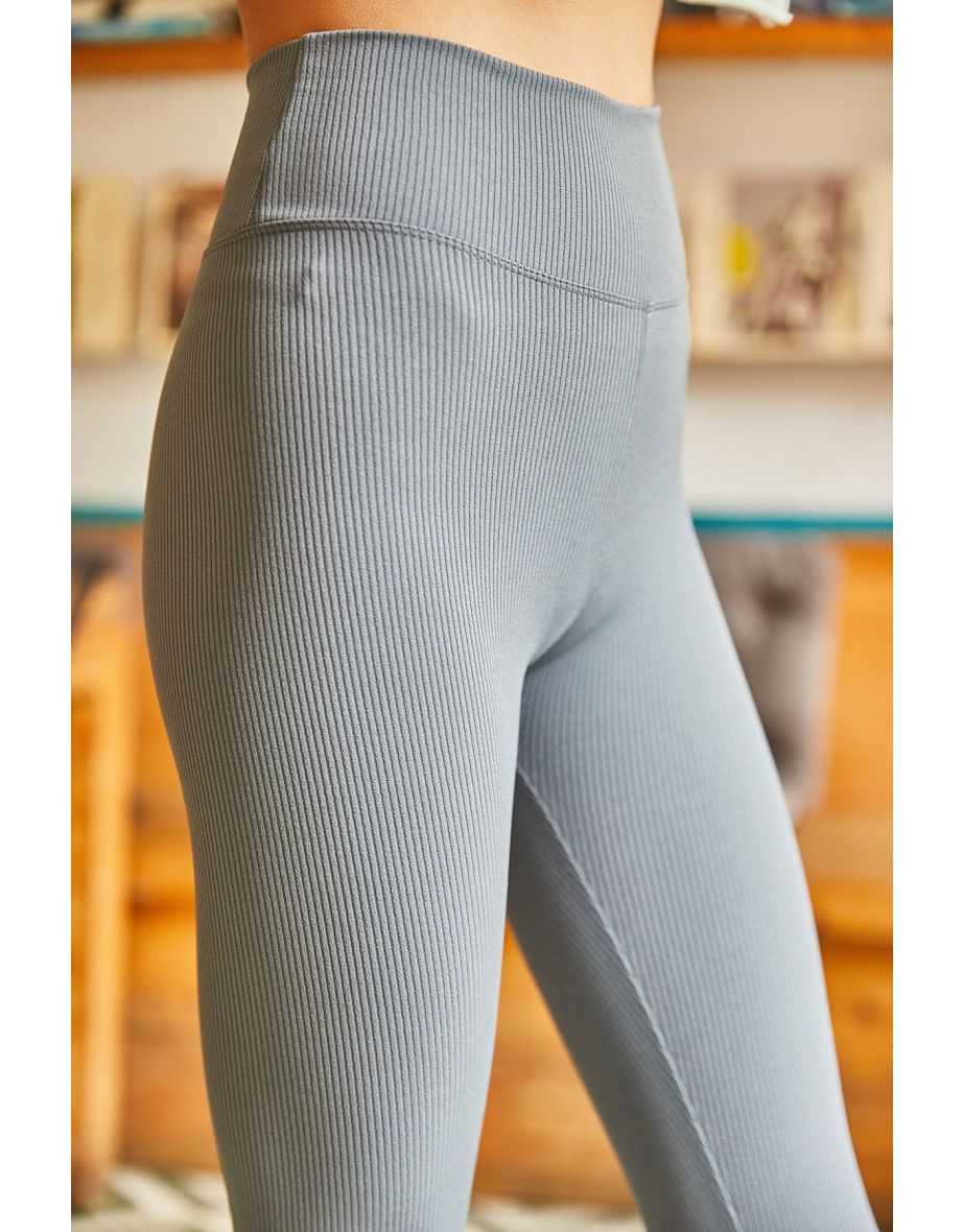 Women's Gray High Waist Ribbed Leggings - 6