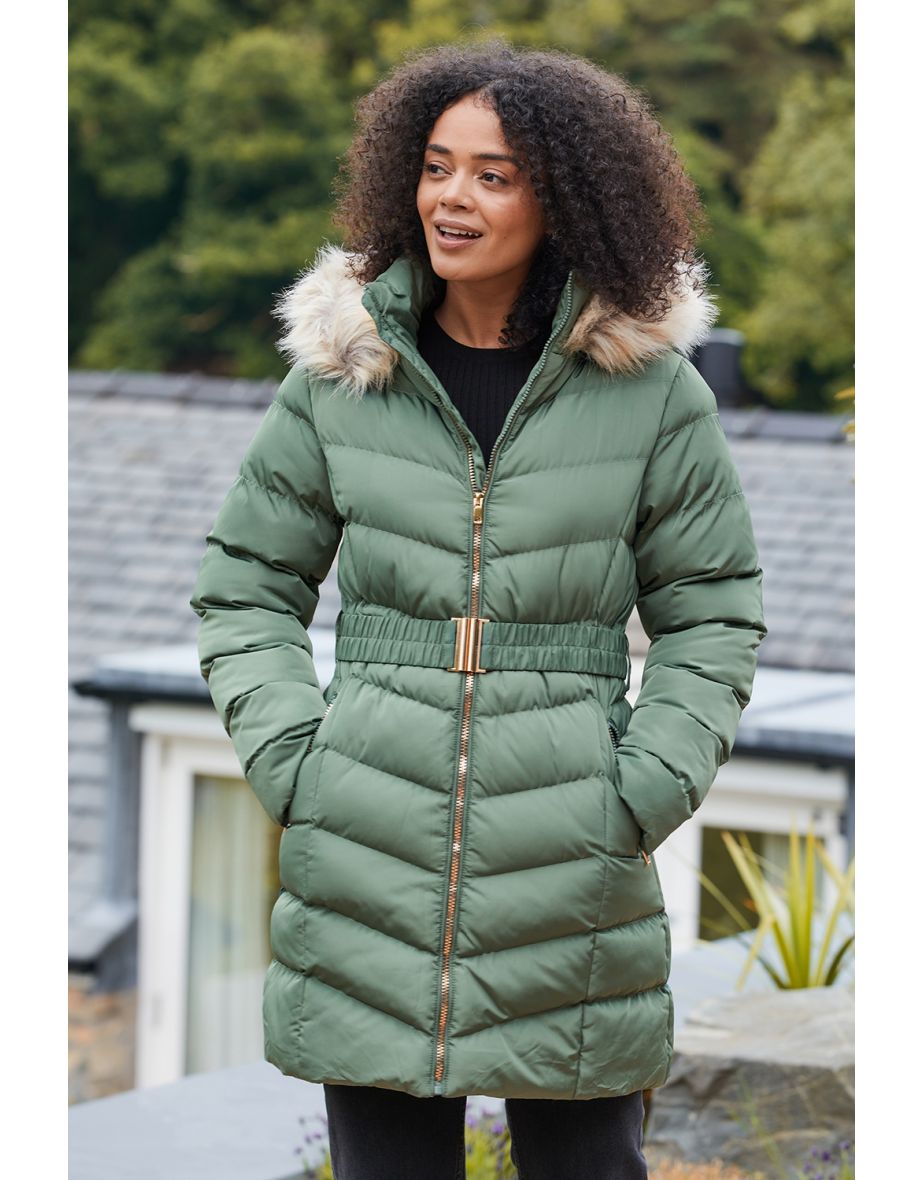 Women's Green Belted Mid Length Fur Trim Padded Ladies' Puffer Jacket –  Threadbare