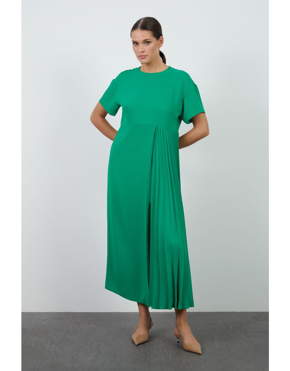 Green Dress with Side Pleats and Back Tie Detail
