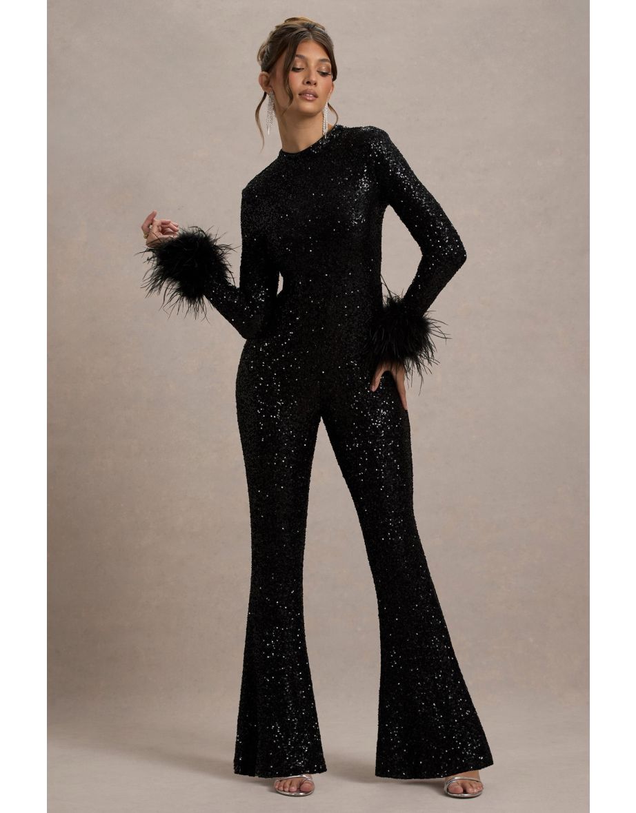 Asteroid | Black Sequin Long-Sleeve Jumpsuit With Feather Cuffs