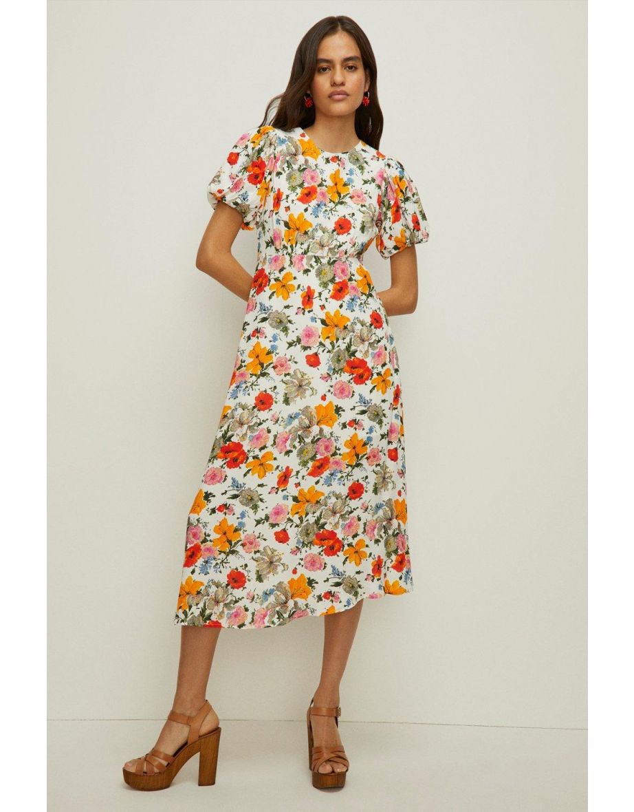 Watercolour Floral Puff Sleeve Midi Dress