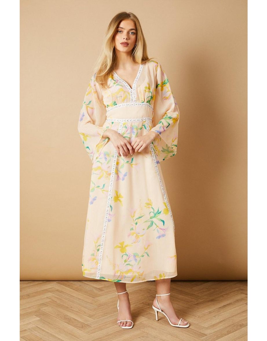 Floral Hand Embellished Trim V Neck Batwing Maxi Dress