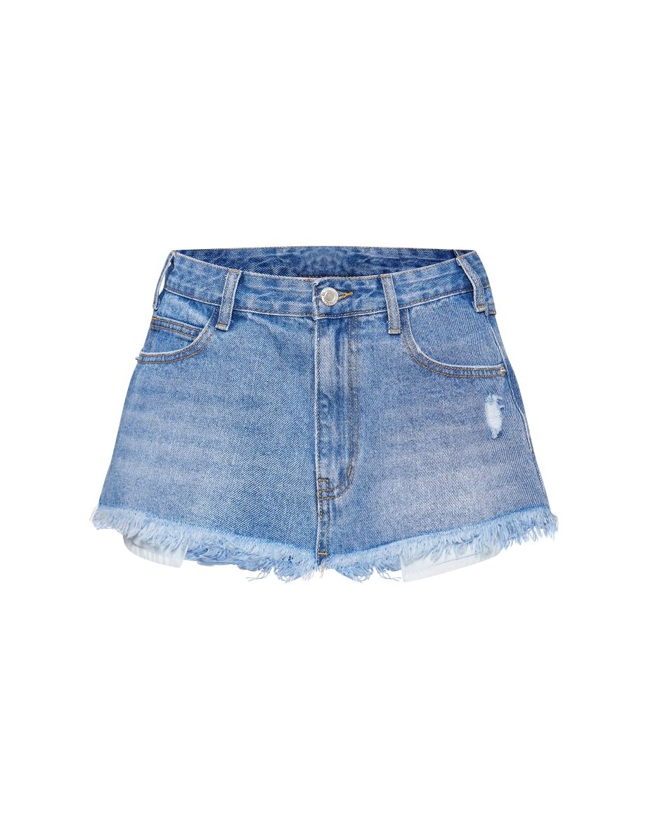 Light Blue Wash Pocket Detail Distressed Hem Ultra Mini Denim Skirt - 5