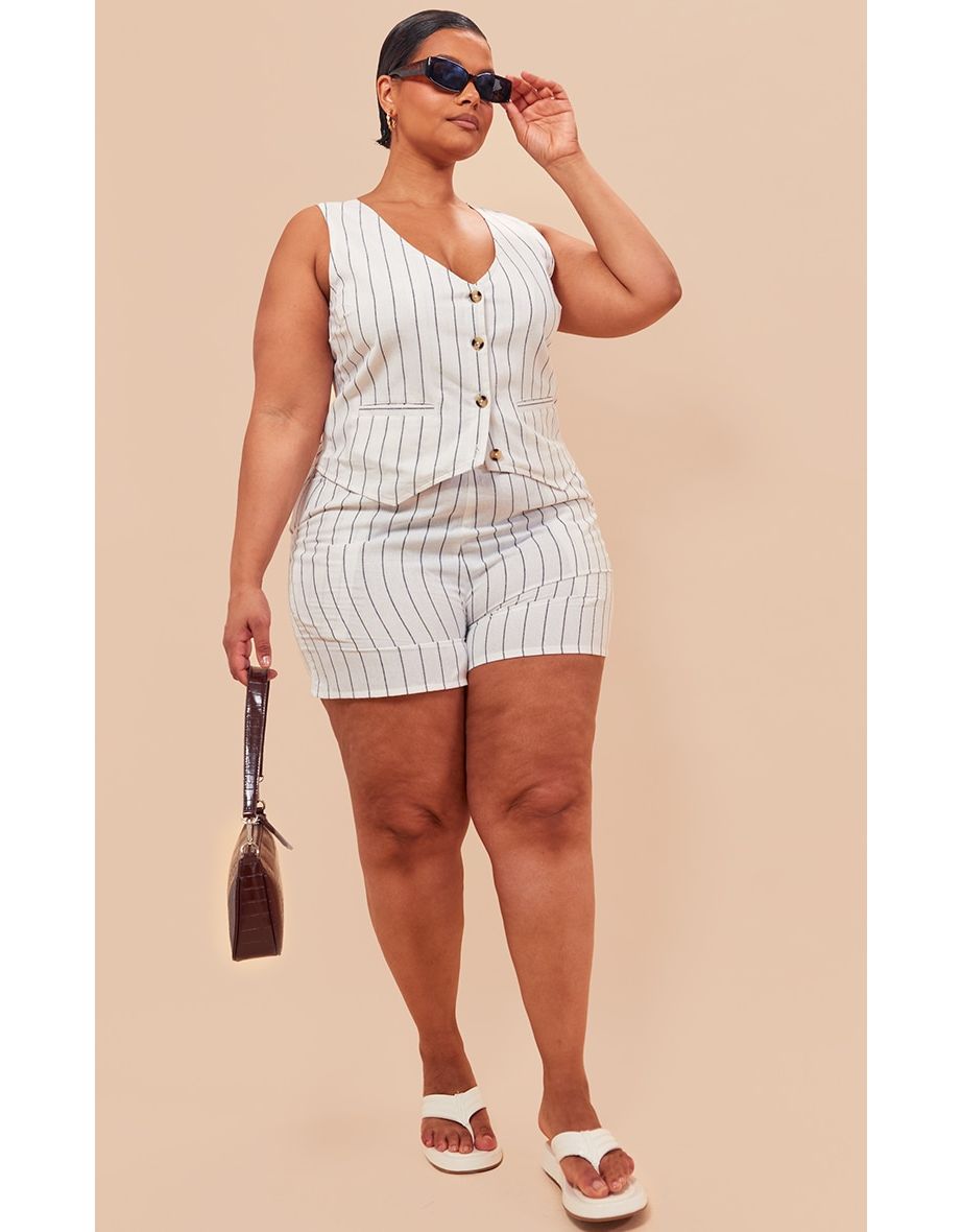 Plus White Linen Look Striped Tailored Floaty Shorts