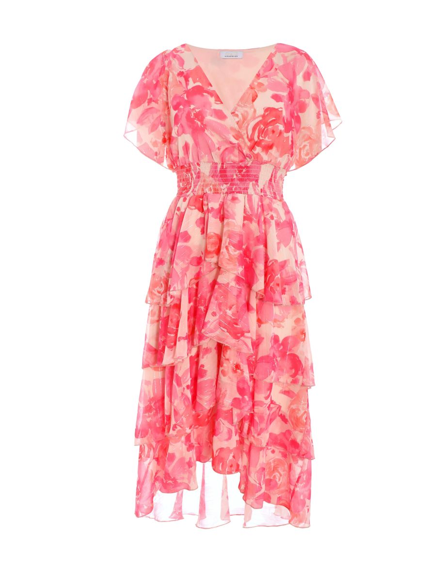Pink Floral Print Chiffon Tiered Dip Hem Dress - 5
