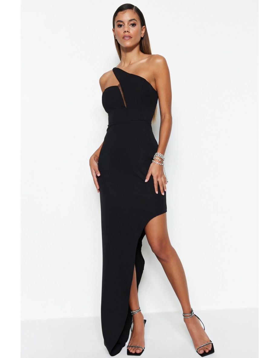 Shop Black Column Floor Length Evening Shift Dress with One Shoulder Online in Oman VogaCloset