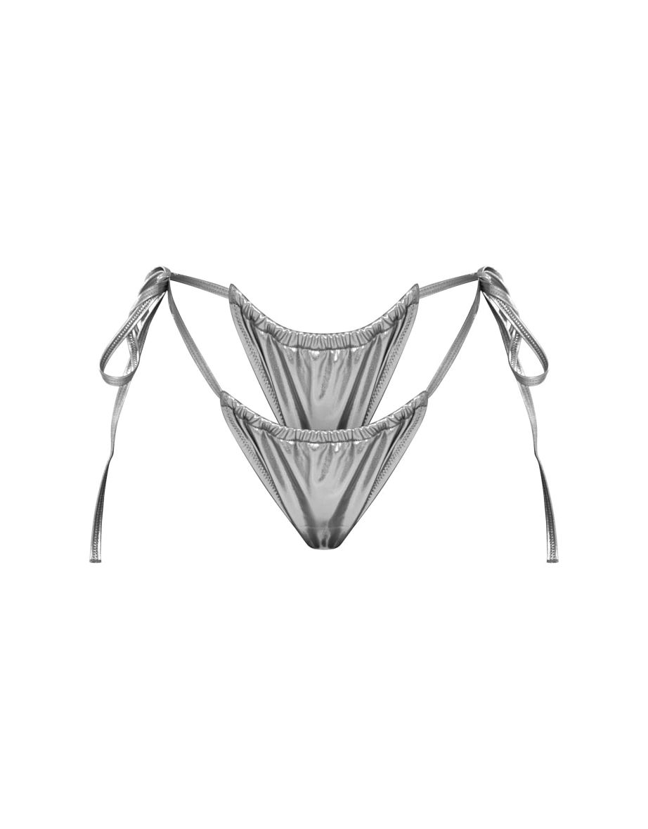 Gunmetal Metallic Adjustable String Tie Bikini Bottoms - 4