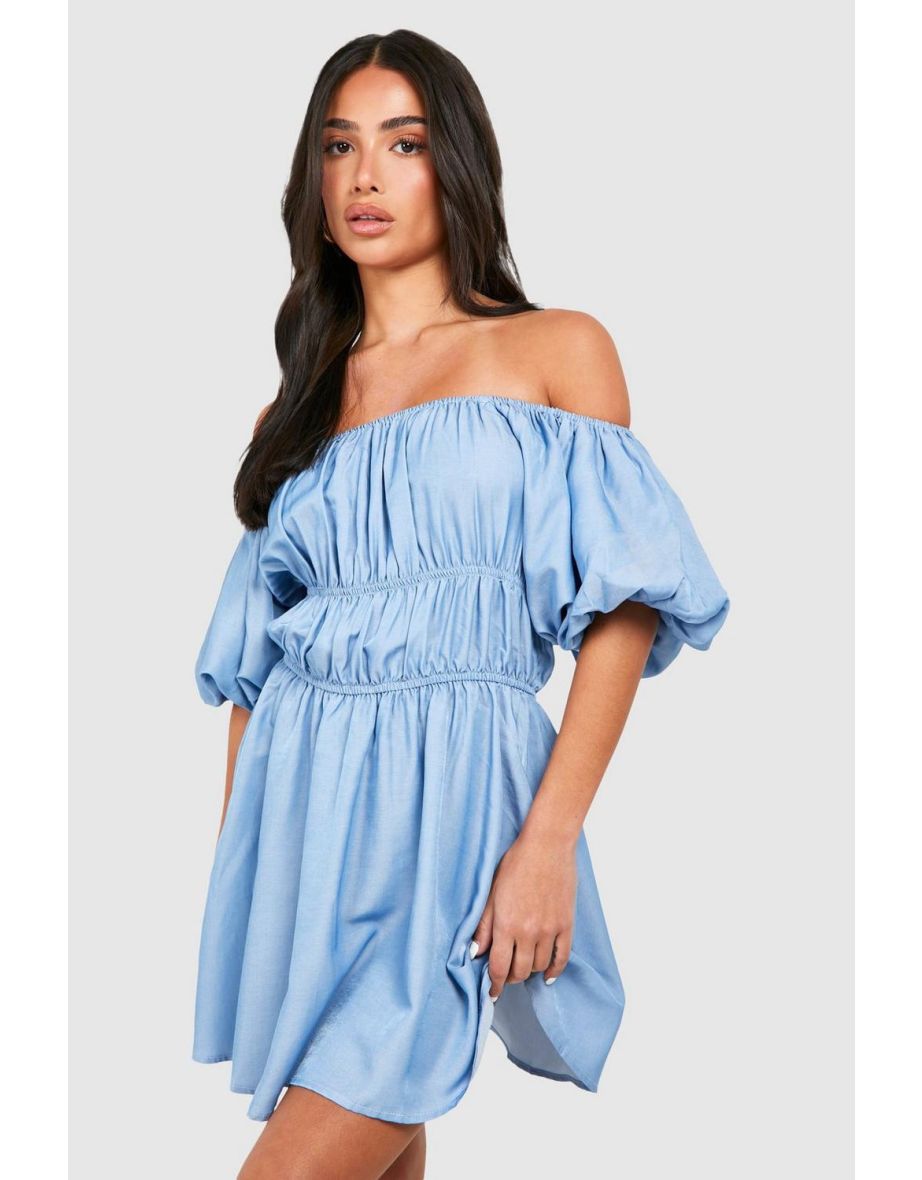 Shop Petite Chambray Bardot Balloon Sleeve Skater Dress blue Online in Saudi Arabia VogaCloset