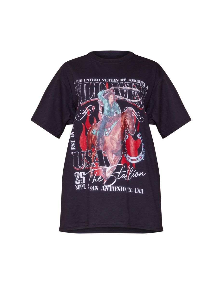 PRETTYLITTLETHING Black Wild West Print T-shirt - 4