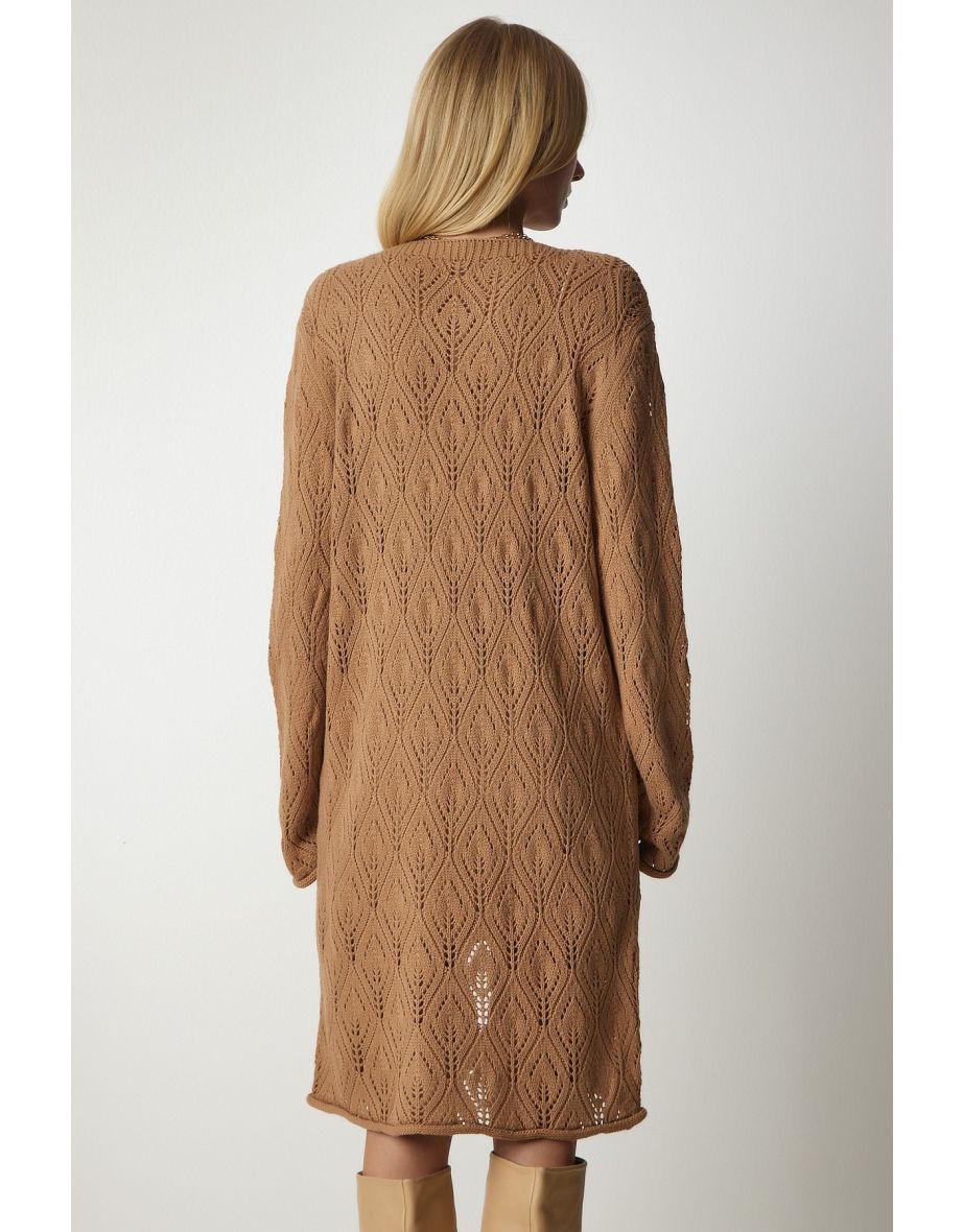 Women's Biscuit Long Knitwear Cardigan with Openwork - 5