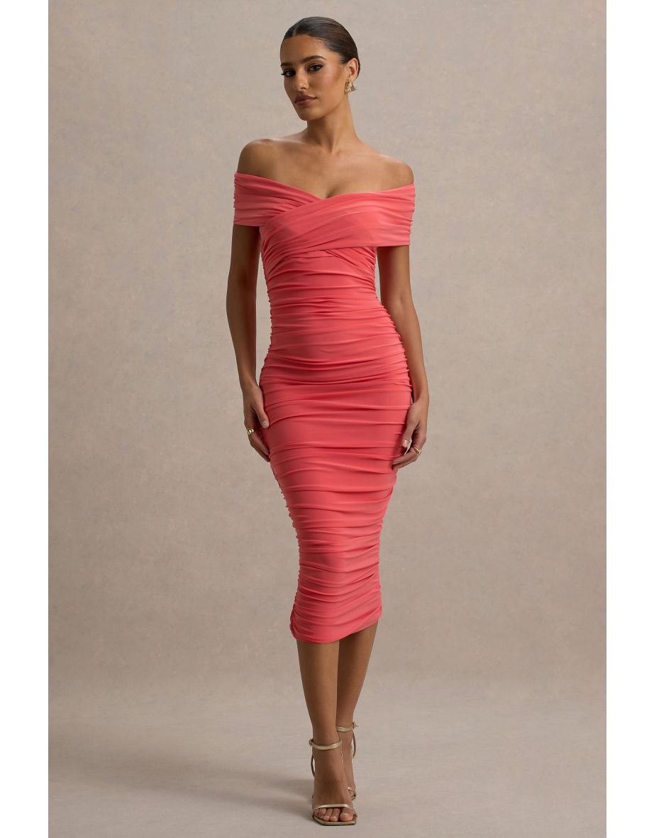 Unwrapped | Coral Ruched Twist Bardot Midi Dress