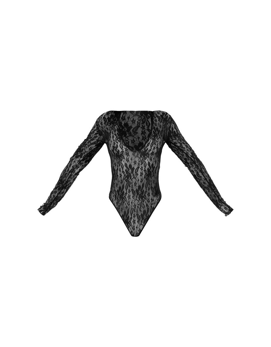 Black Lace V Neck Long Sleeve Bodysuit - 4