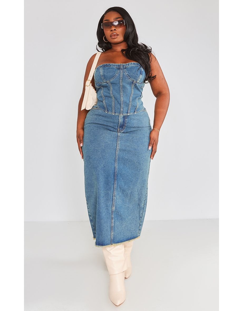 Shop Plus Light Blue Denim Column Midaxi Skirt Online in Oman VogaCloset