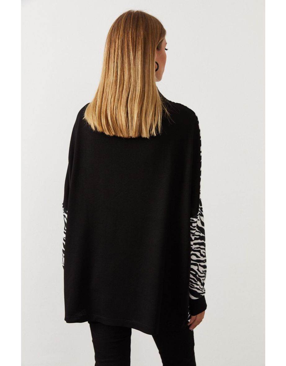 Women's Black and White Zebra Patterned Turtleneck Loose Blouse - 5