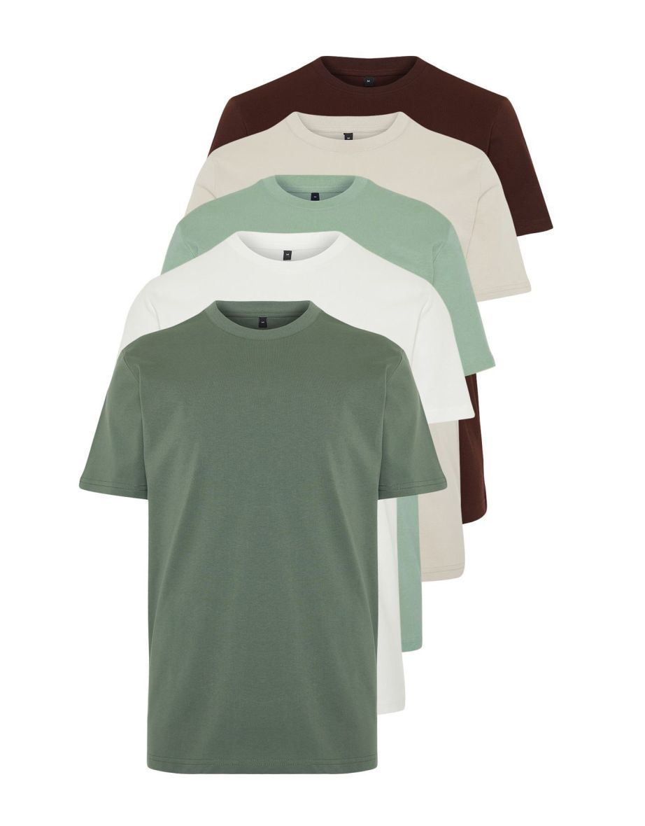 5-Pack Mint-Khaki-Brown Slim/Slim Fit Basic 100% Cotton T-Shirt - 9
