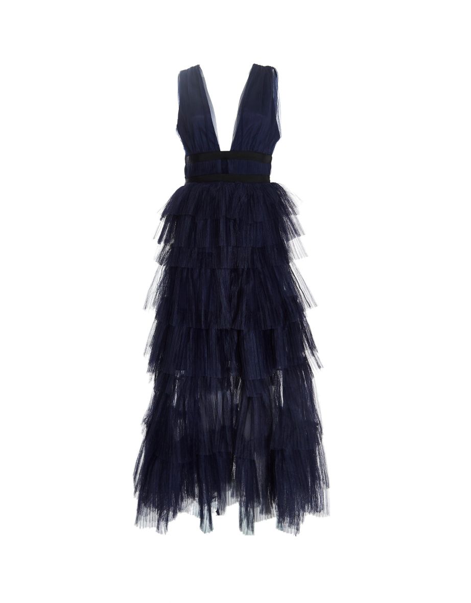 True Decadence Navy Chiffon A-Line Maxi Skater Dress with Ruffles - 3