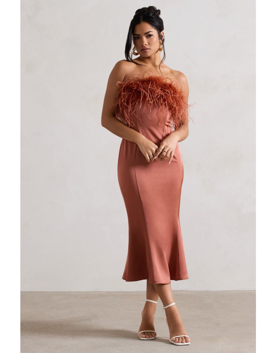 One And Only | Rust Satin Feather Trim Dress - 4